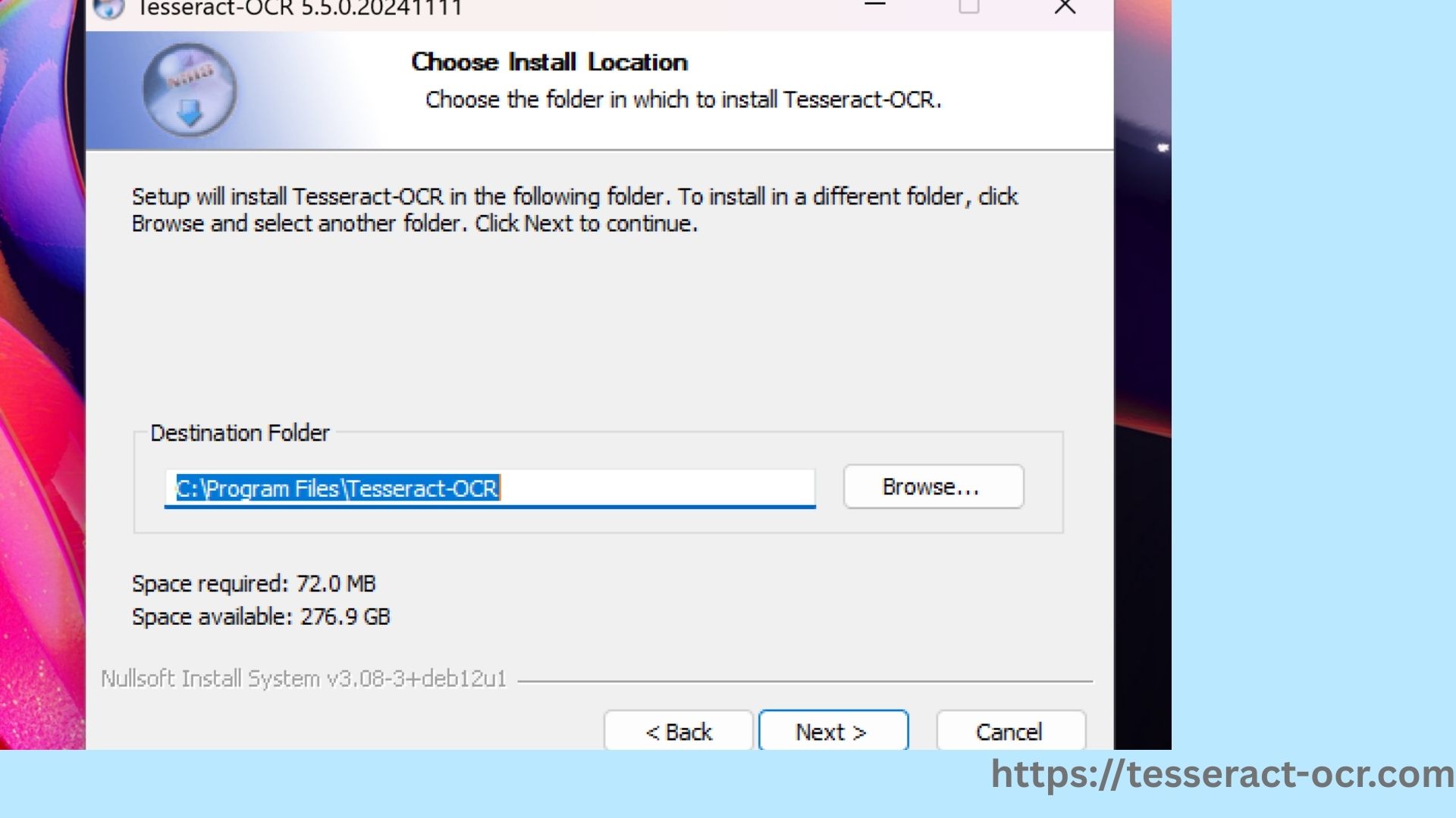 Tesseract OCR installer - installation progress