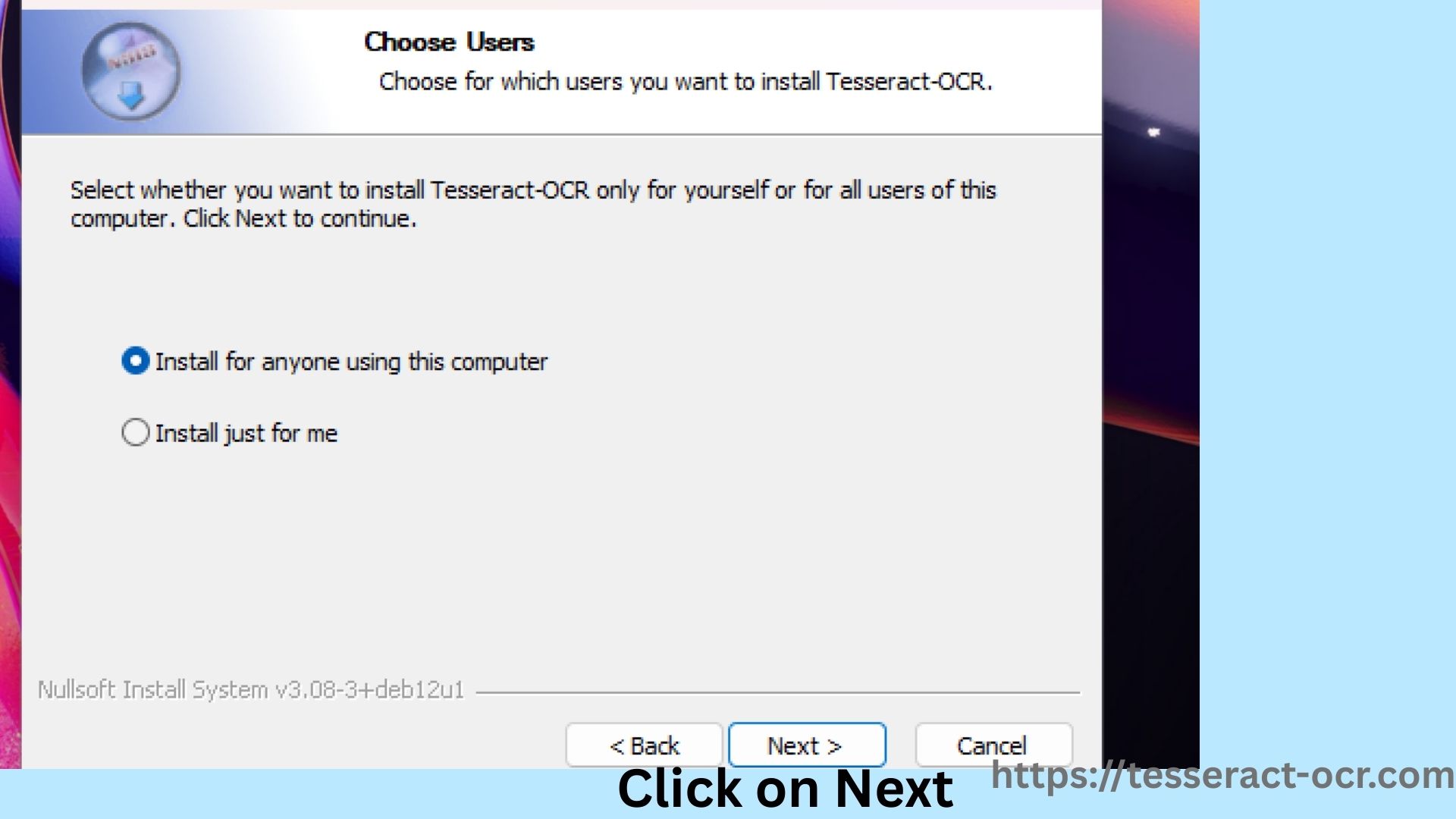 Tesseract OCR installer - click next on components step